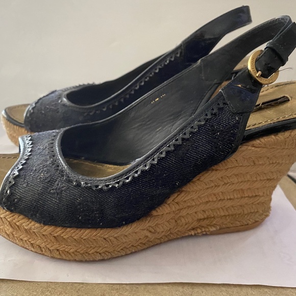 LOUIS VUITTON BLACK DENIM ESPADRILLE WEDGES SIZE 38.5-8.5 OPEN-TOE ANKLE STRAP - Picture 1 of 7